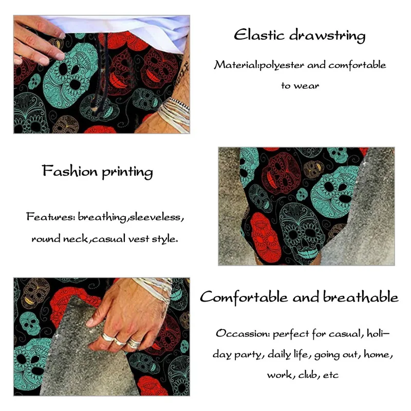 

Men Dark Style Skull Print Shorts Casual Loose Drawstring Beach Shorts Summer 2021 Youth Loose-fitting Casual Pants Shorts
