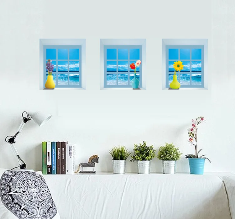 

3D simulation room decoration wall paste a set of 3 window sill vases