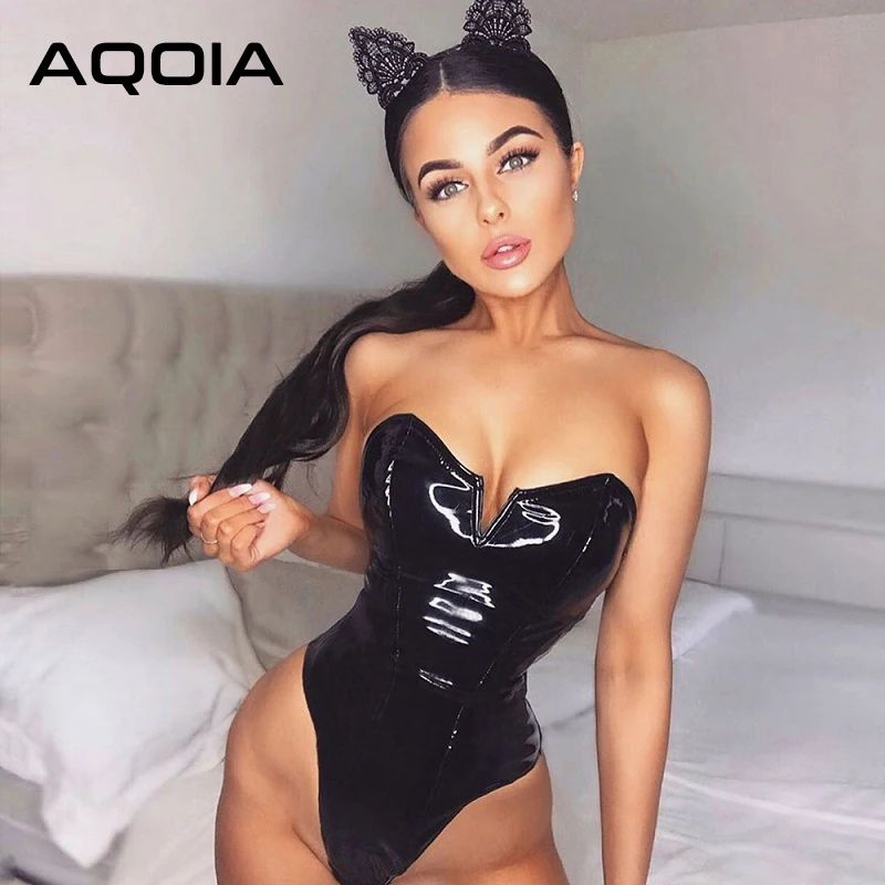 Женское боди из ПУ кожи без бретелек с V образным вырезом|Боди| |