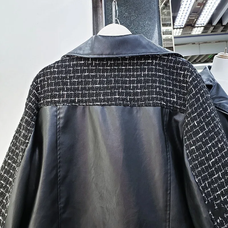 

Fashion Tweed Coat Women Streetwear Short Pu Leather Patchwork Jacket Female Black Loose Lapel Biker Full Sleeve Coats S-L