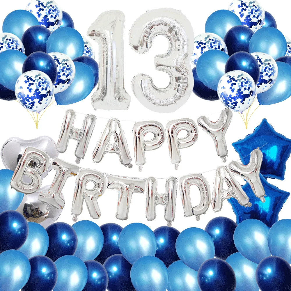 

Набор воздушных шаров для 13-го дня рождения, 12-дюймовый сине-розовый латексный шар с блестками, с надписью на день рождения, алюминиевая плен...