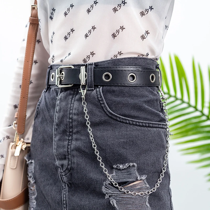 

Fashion Women Punk Belt Pin Buckle Jeans With Eyelet Chain Decor Waistband