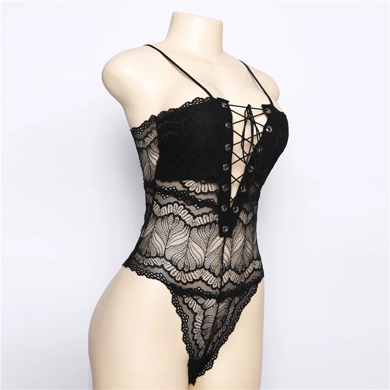 

women lace bodysuit black white body mujer party club rompers womens jumpsuit v neck bandage transparent ladies bodysuits 2020