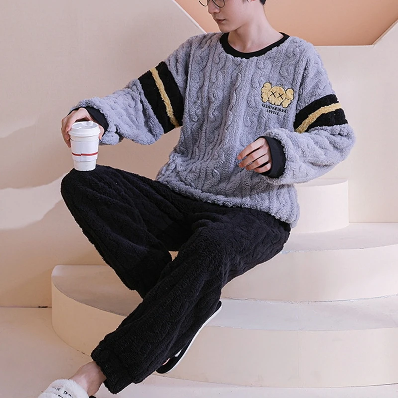 

Men's Flannel Pajamas Sets 2022 Thick Warm Winter 2Piece/Sets Sleepwear Plus Size Long Sleeve Round Neck Homewear Pyjamas