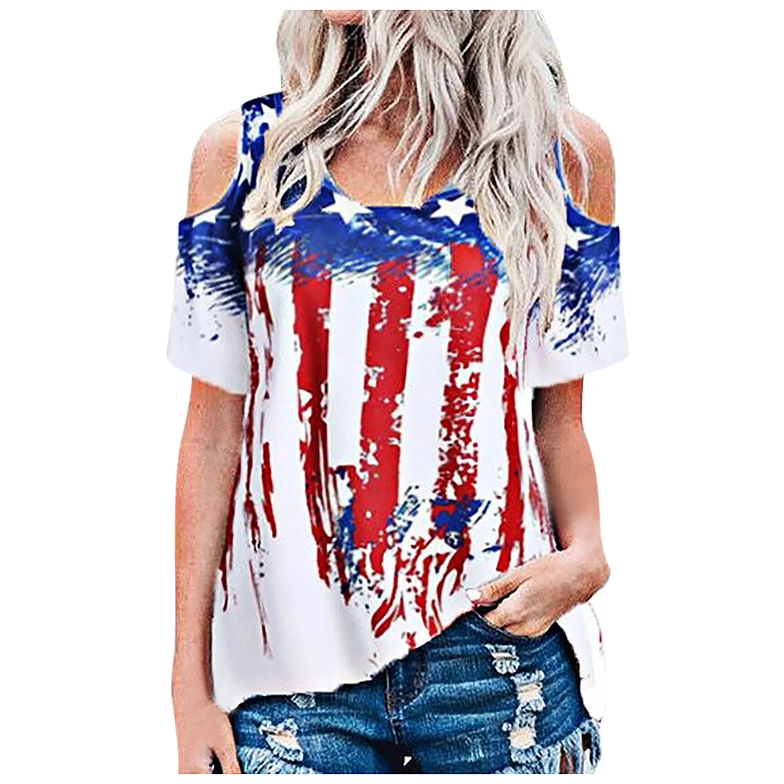 

Повседневный женский топ, Женская модная рубашка с открытыми плечами и принтом звезд и американского флага