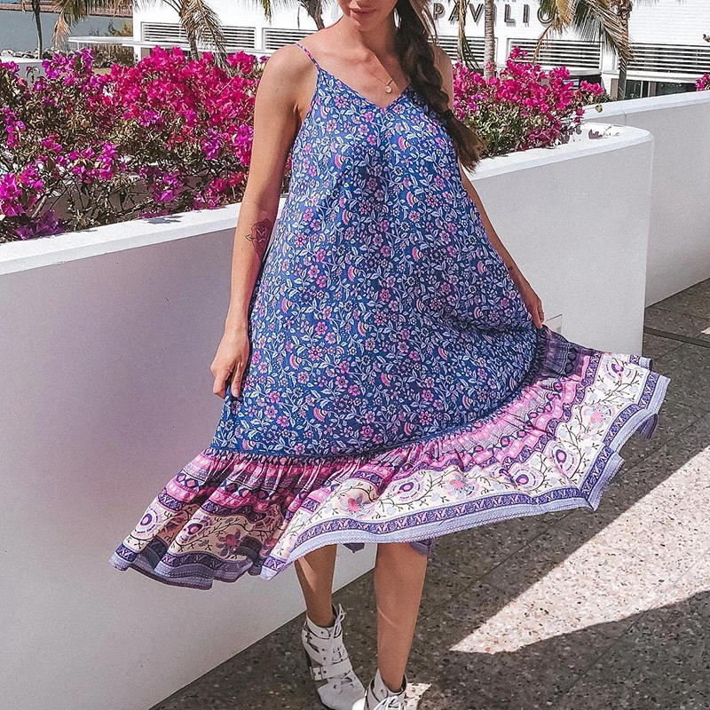 Everkaki/платье-комбинация с цветочным принтом для женщин; Boho; свободные; цыганские; с открытой спиной; женские богемные длинные платья; Vestidos; Новинка осени года