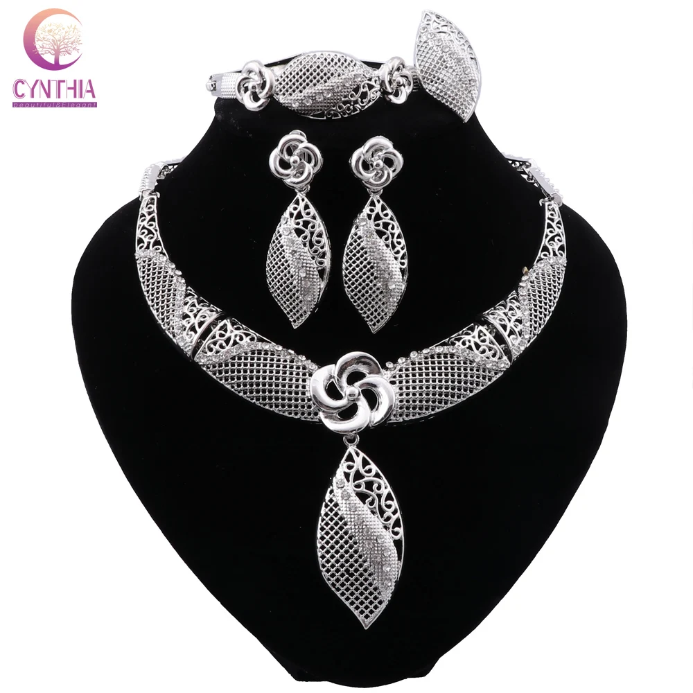 

CYNTHIA Bridal Fashion Dubai Silver Color Jewelry Sets Nigerian Woman Wedding African Beads Necklace Earrings Bracelet Ring Set