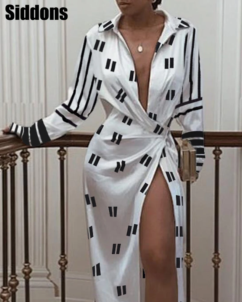 

Women Long Sleeve Twisted Design High Split White Maxi Shirt Dress Elegant Turn Down Collar Print Pary Robes