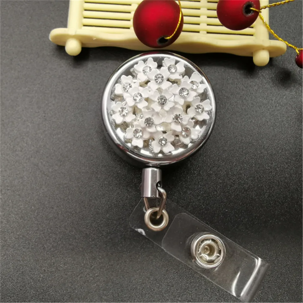 

Crystal Flower Retractable Badge Reel Nurse ID Name Card Badge Holder Key Ring Chain Belt Clips School Student Office Supplies