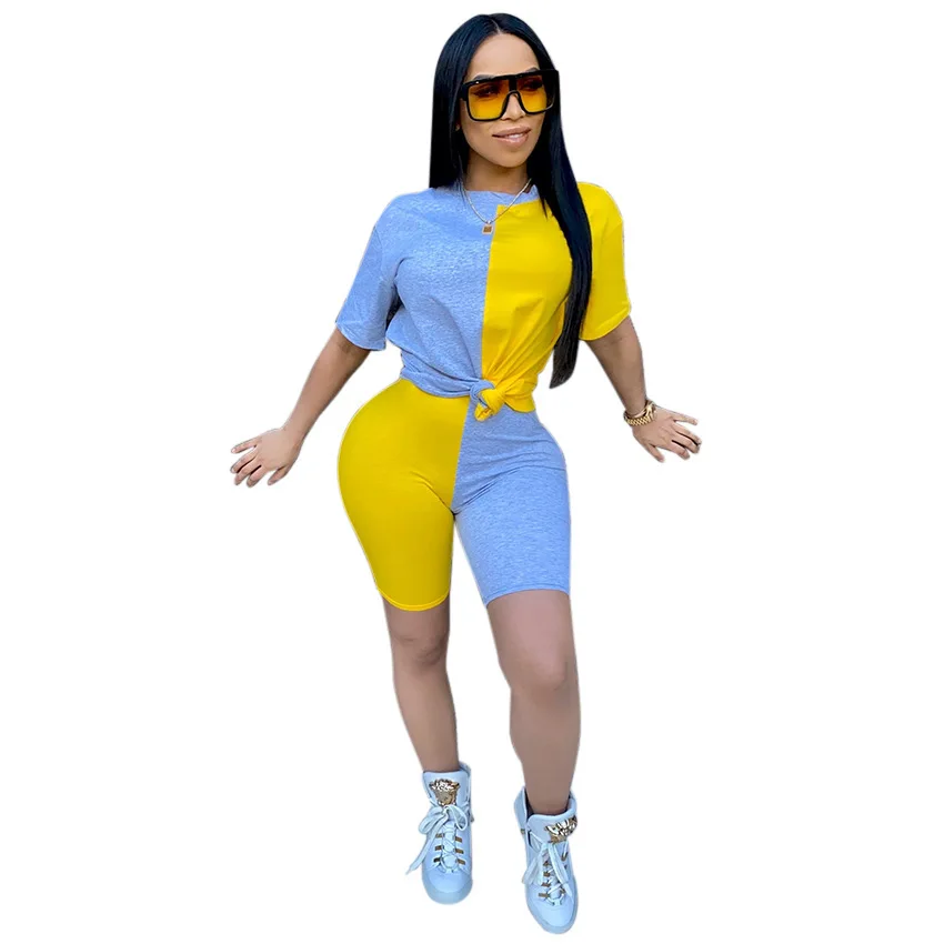

Donsignet Fashion Women's Suit New Summer Casual Round Neck Pullover Hit Color Stitching Sports Shorts Two-piece Suit