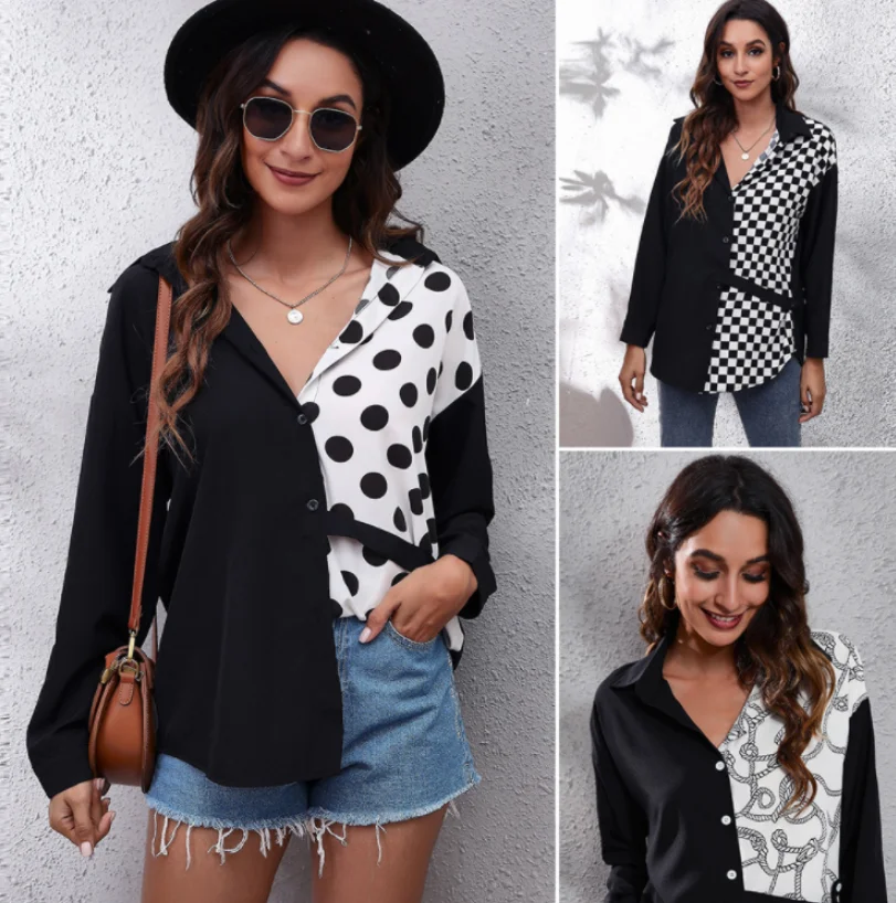 

Новинка 2021, осенне-зимняя женская рубашка с длинным рукавом, повседневный модный топ с отложным воротником и шахматной строчкой