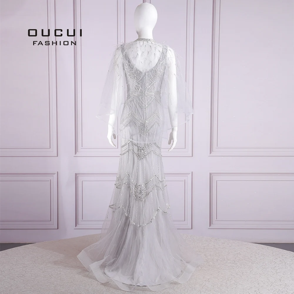 Oucui Silver Long Mermaid Evening Dress O-neck Cape 2020 Elegant Beaded Party Evening Gowns For Women Robe de Soiree OL103715