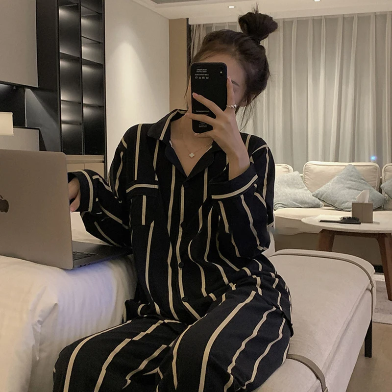 CAIYIER Womens Pajamas Winter Long Sleeve Stripe Nightwear Suit Turn-down Collar Girl Two Piece Set Loungewear Trousers Pyjamas