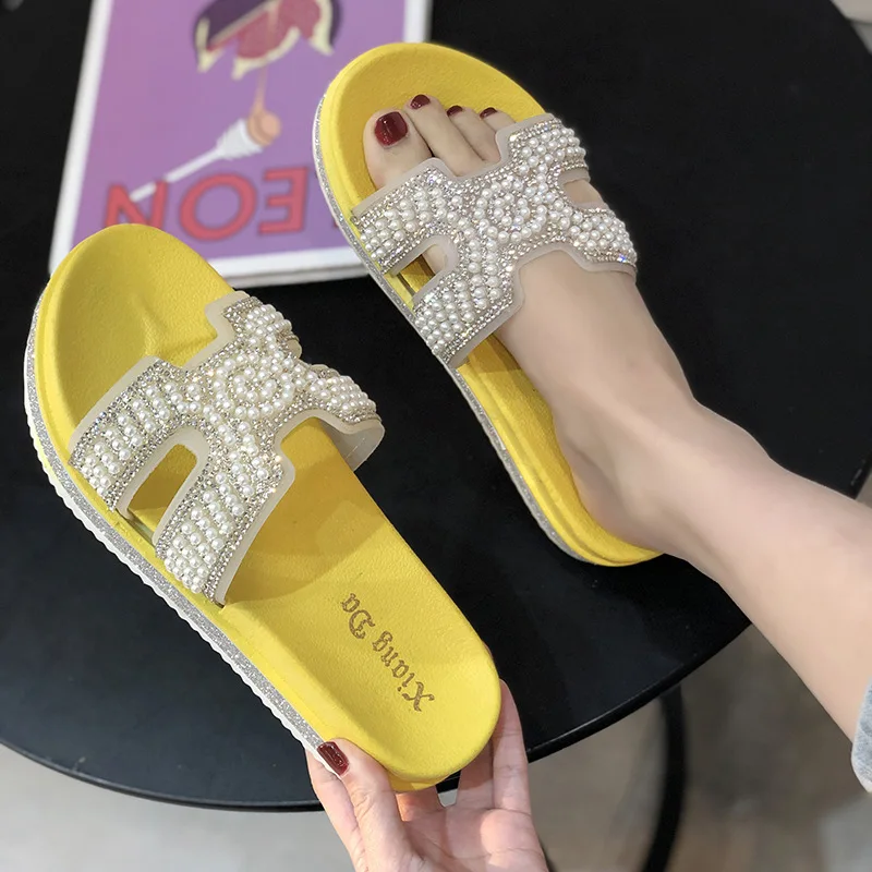 Женские яркие женские уличные летние шлепанцы с искусственным жемчугом мужские