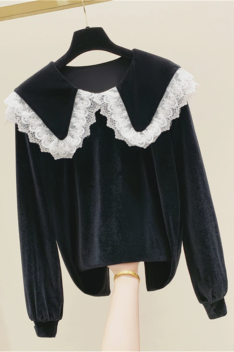 

Velvet Blouse Women Lace Panel Doll Collar Velvet Long Sleeve Pullover Shirt Female 2020 Autumn Clothing Blusas
