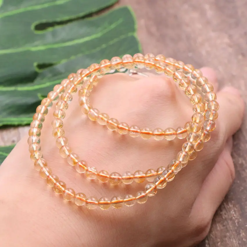 

5mm Crystal Citrines Bracelet Natural Stone Bracelets Best Gift Yellow Friendship Round Beads 3 Row Layer Bangle Jewelry 21"A973