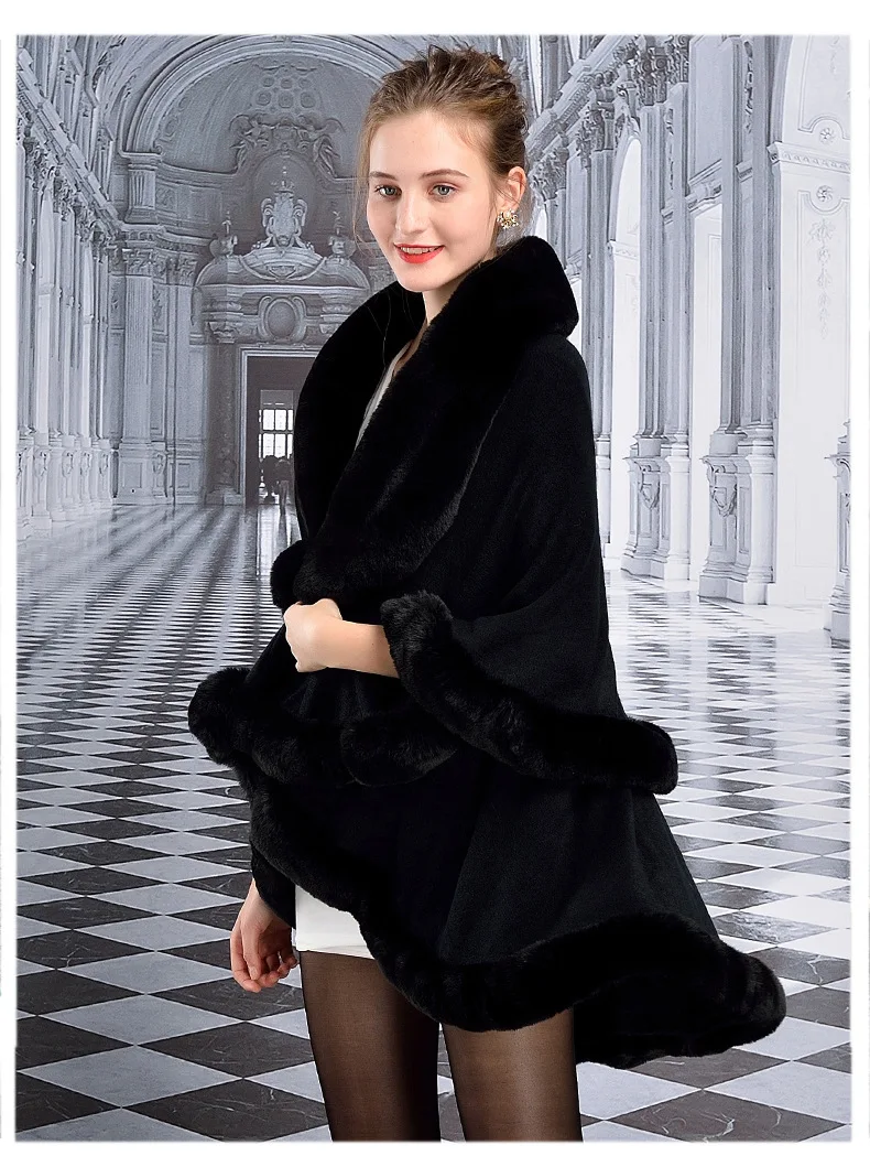 Женское длинное пончо из искусственного кашемира черное теплое Двухслойное