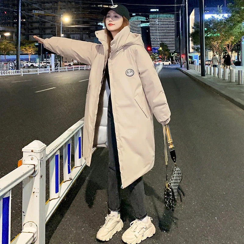 

Зимняя женская длинная однотонная толстовка с капюшоном и аппликацией на молнии, верхняя одежда, парки с хлебом, пальто, модные пальто в Кор...