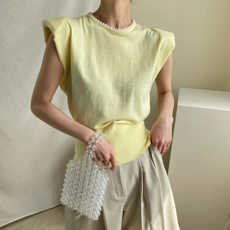 

Женская футболка с круглым вырезом, однотонный вязаный пуловер в Корейском стиле, украшенный бусинами, с летящим рукавом, лето 2021