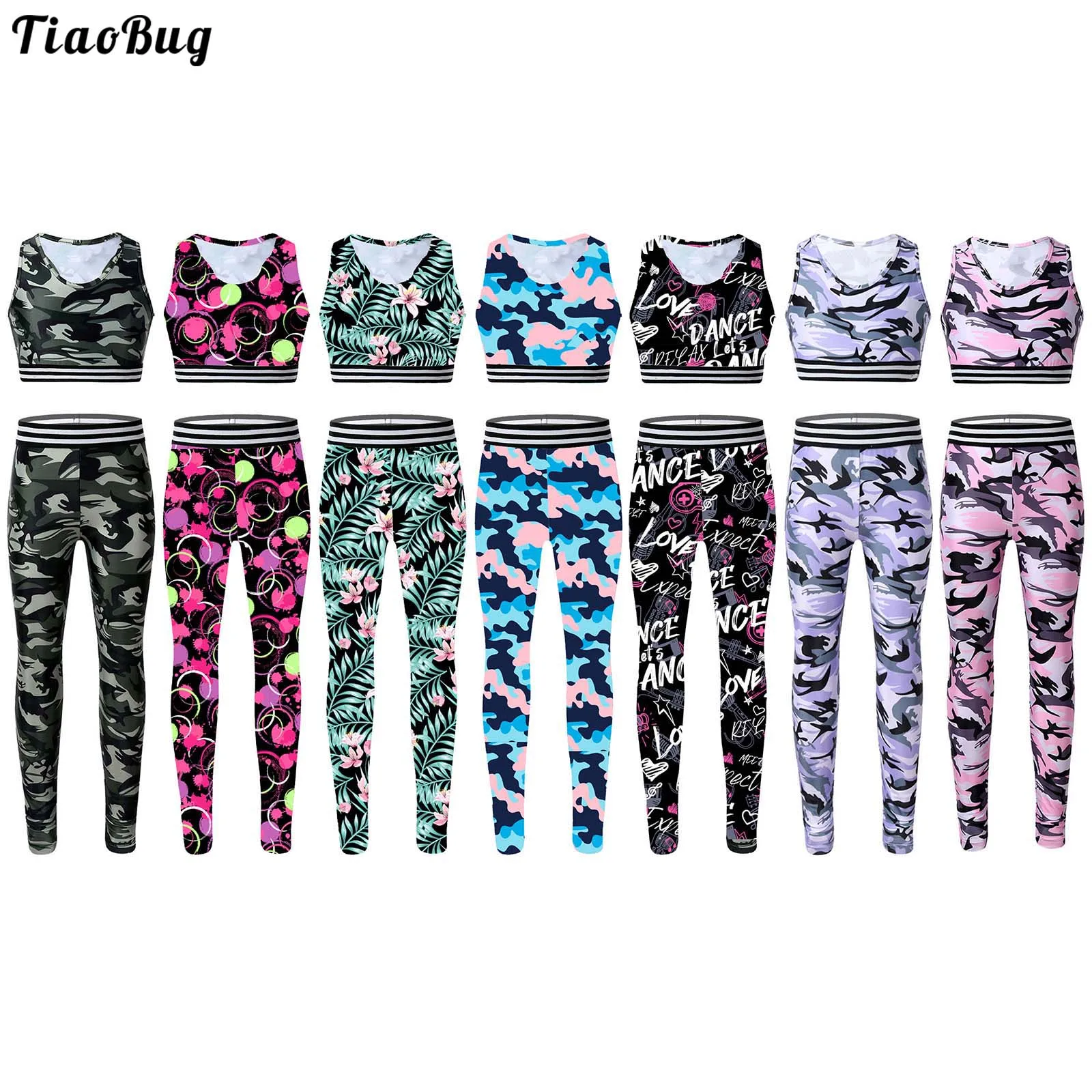 

TiaoBug Summer Kids Girls Tracksuit Yoga Gym Outfit Sleeveless Camouflage Printed Tanks Bra Tops Crop Top With Leggings Pants