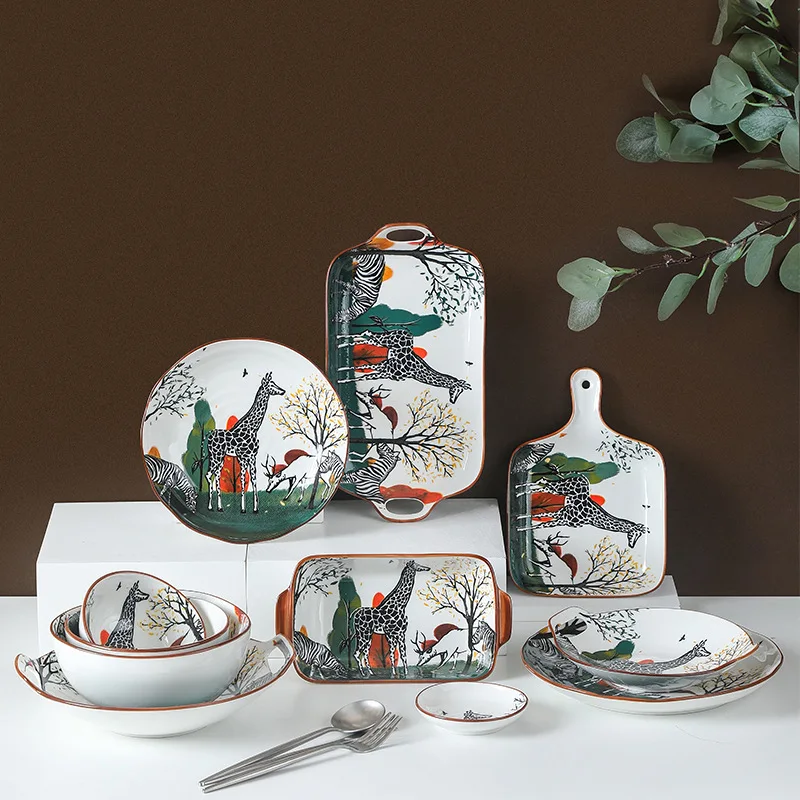 

Underglaze color net red tableware set ceramic household creative bowl plate combination lovely rice bowl fish plate soup bowl