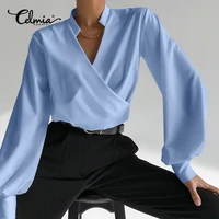 womens elegant irregular tunics celmia sexy v neck casual blouse loose solid blusas fashion long lantern sleeve streetwear tops