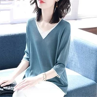 elegant loose shorts sleeves fake 2 pieces knitted t shirt bottoming shirt sweater women thin section 2021 spring summer