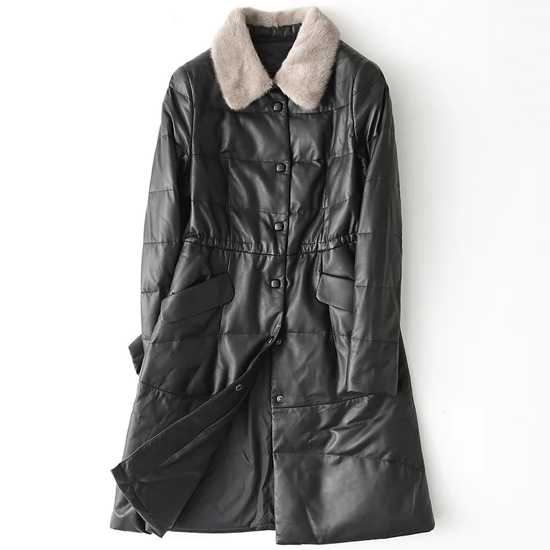 

High Quality White Duck Down Leather Women Coat Autumn and Winter Sheepskin Mink Collar Long Jacket Single-breasted Loose Style