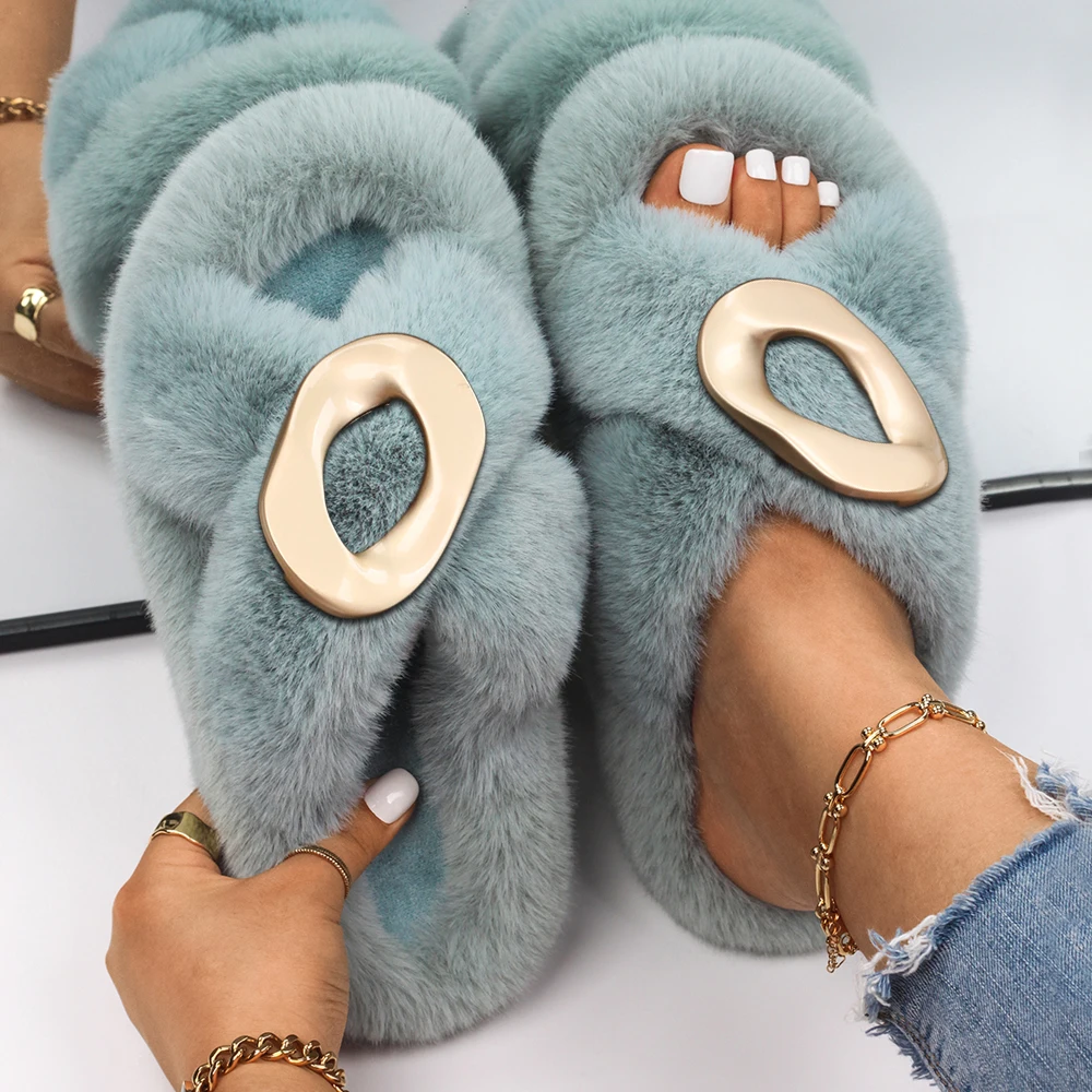 Women's Fluffy Slippers Fashion Irregular Geometric Faux Fur Slides Designer Platform Fur Sandals Cozy Slippers Casual Shoes