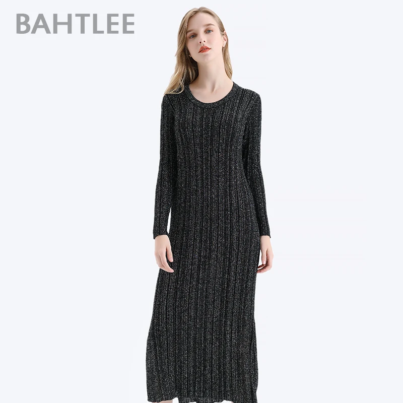 Женское платье с блестками BAHTLEE Серебряное длинными рукавами и круглым вырезом