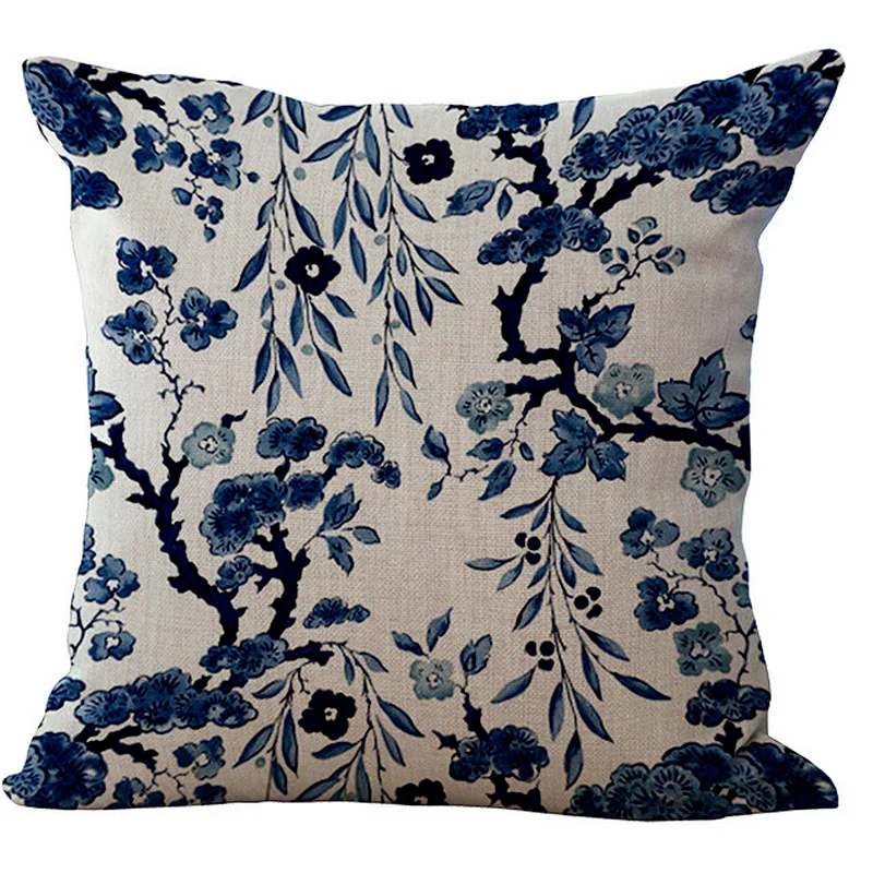 

Blue and White Porcelain Flower Sofa Cushion Linen Pillowcase Car Cushion Decoration Pillow Covers Decorative Throw Pillows