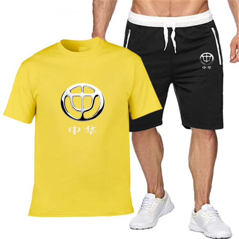 

popular new China car logo printed pure cotton men's T-shirt + Sports Shorts Set high quality pures T shirt sport running