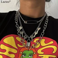 lacteo dark gothic big lock key angel pendant necklace punk hip hop three style choker necklace jewelry for men and women gift