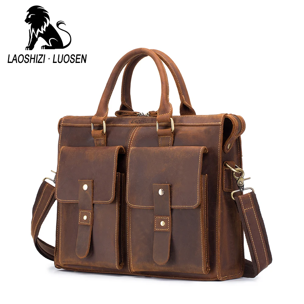 LAOSHIZI Crazy Horse кожаный портфель для мужчин и женщин Высококачественная сумка из натуральной кожи сумка на плечо подходит для ноутбука Коричневый 91508