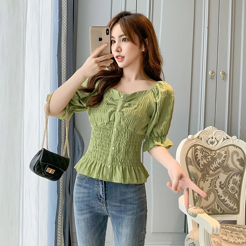 COIGARSAM шифоновая блузка женская с расклешенными рукавами плиссированные