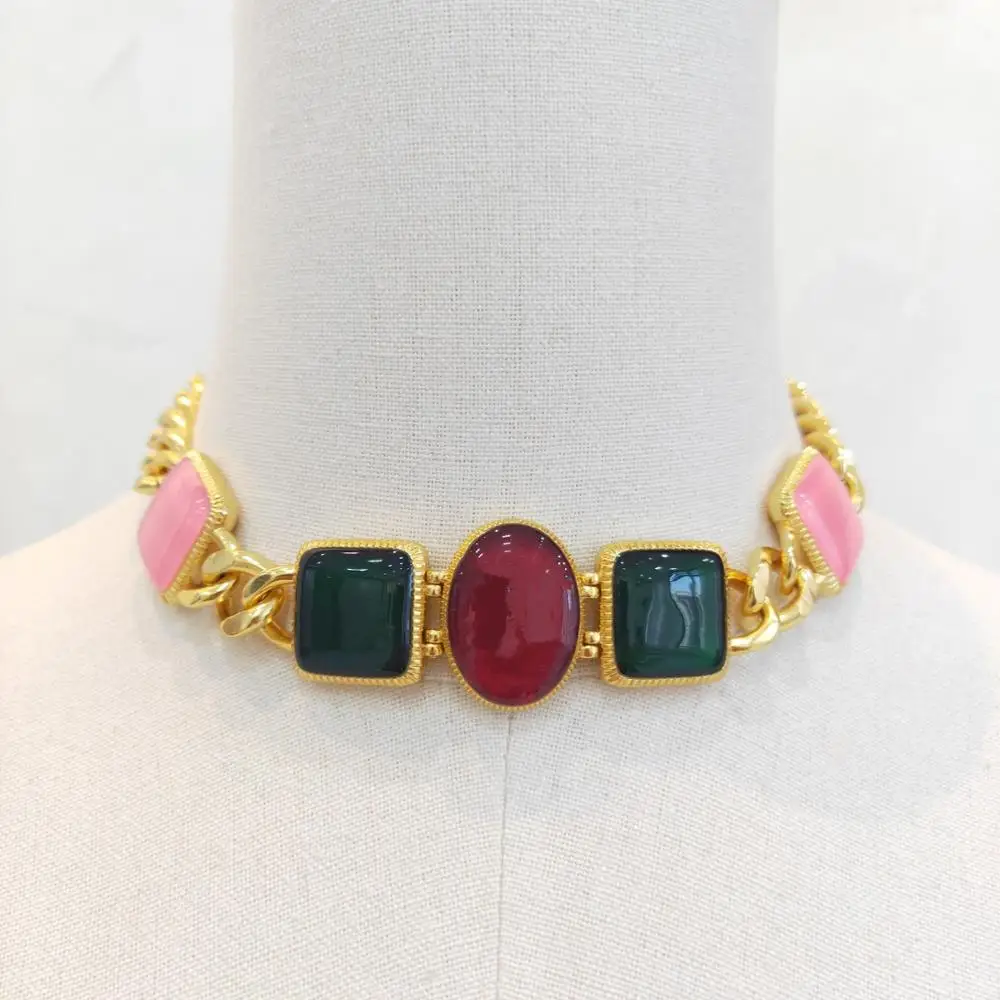 

Hot 2021 Brand Fashion Women Vintage Thick Chain Pink Red Green Resin Cross Gold Color Long Necklace Party Fine Jewelry