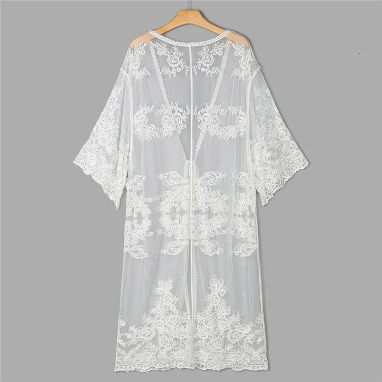 

Sexy Transparent Mesh Lace Beach Wear Long Cardigan Plus Size Beach Cover Up Women Summer Swim Wear Bikini Pareo Sarong Shirt