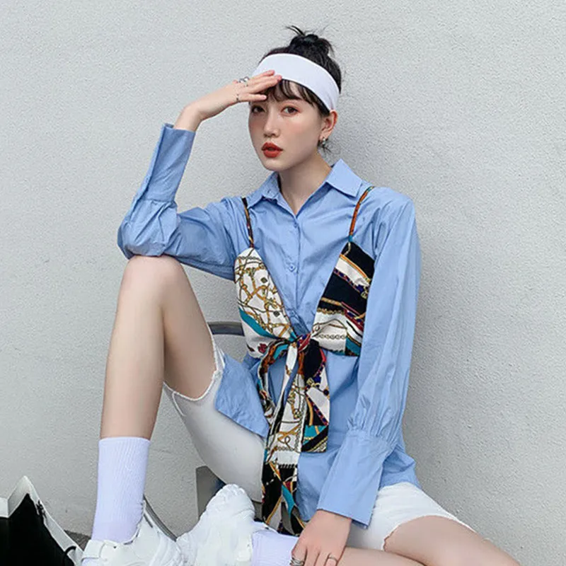 

KUSAHIKI 2021 Spring New Blouse Tops Medium-long Women Blusas Shirt + Floral Bow Bandage Sling Vest Korean 2pieces Sets 6F881