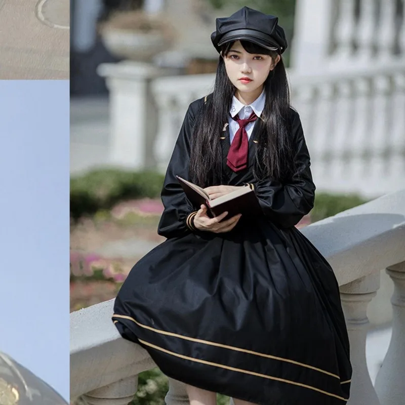 

QWEEK Japanese Harajuku Navy Sailor Collar Dress Women Preppy Style Black Midi Dress Sweet Cute Kawaii Pleated Dress JK Uniform