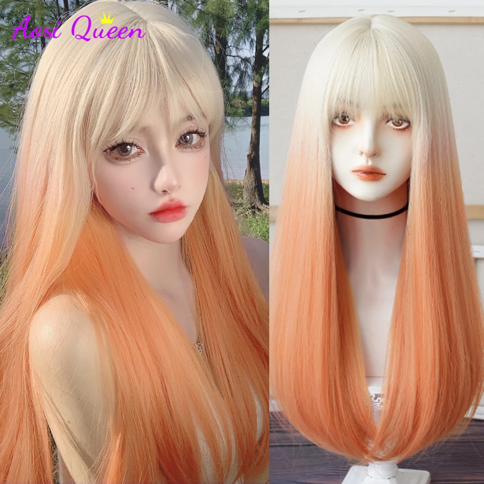 Косплей средней длины прямые оранжевые синтетические парики с челкой для женщин