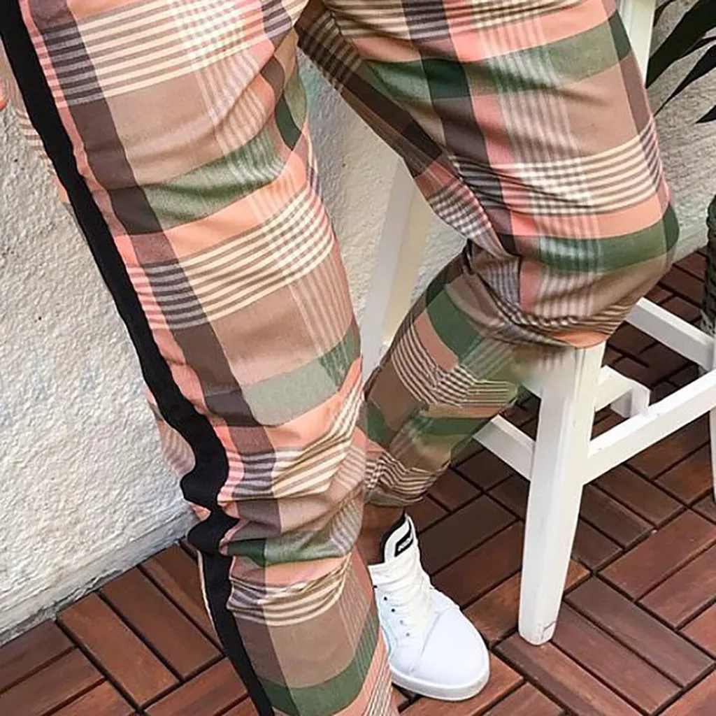 Мужские клетчатые брюки повседневные карандаш с эластичной резинкой на талии