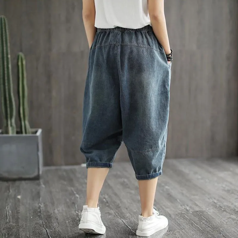

High Waist Calf-length Denim Harem Pants New Arrival 2021 Summer Simple Style Solid Color Loose Women Casual Jeans D033