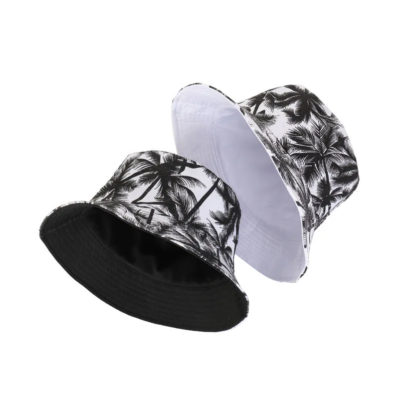 Summer Printed Double-Sided Coconut Palms Fisherman Hat For Men Female Black Outdoor Leisure Panama Bucket Sunhat | Аксессуары для