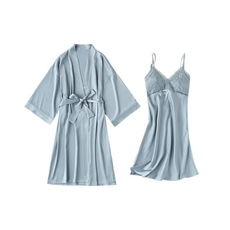 

Pink Wedding Robe Set 2PCS Kimono Bath Gown Women Casual Sleepwear Nightgown Intimate Lingerie Sexy Satin Nightdress Home Dress