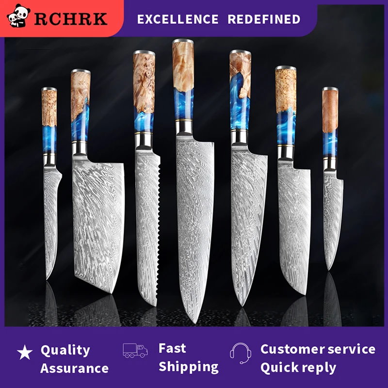 

Набор кухонных ножей VG10 из дамасской стали, шеф-повар, мясницкий нож для чистки хлеба, резец с синей смолой и цветной деревянной ручкой, инст...