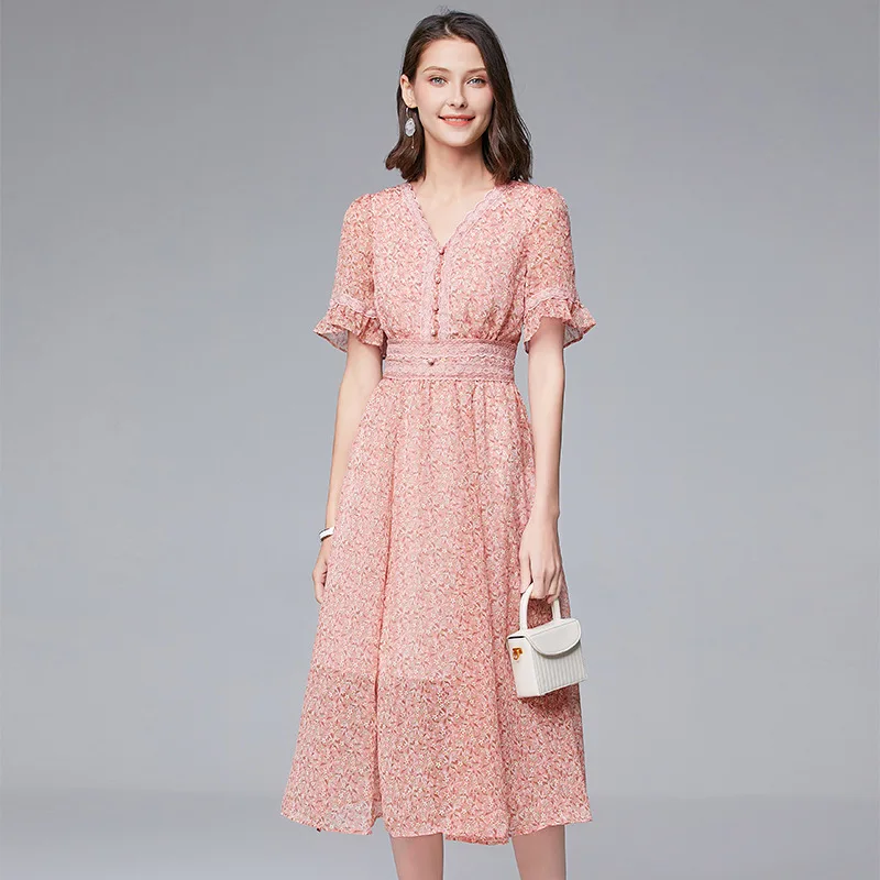 Женские розовые шифоновые маленькая свежая щебень цветочные платья 2020 Летние