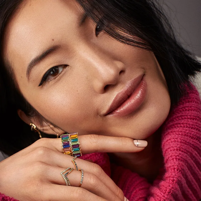 SRCOI Лидер продаж стразы тонкий багет Радужное зеленое кольцо модное обручальное