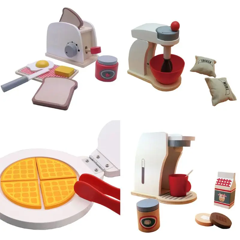

Children's Wooden Pretend Toy Set Simulation Toaster Bread Machine Coffee Machine Mixer Baking Tools