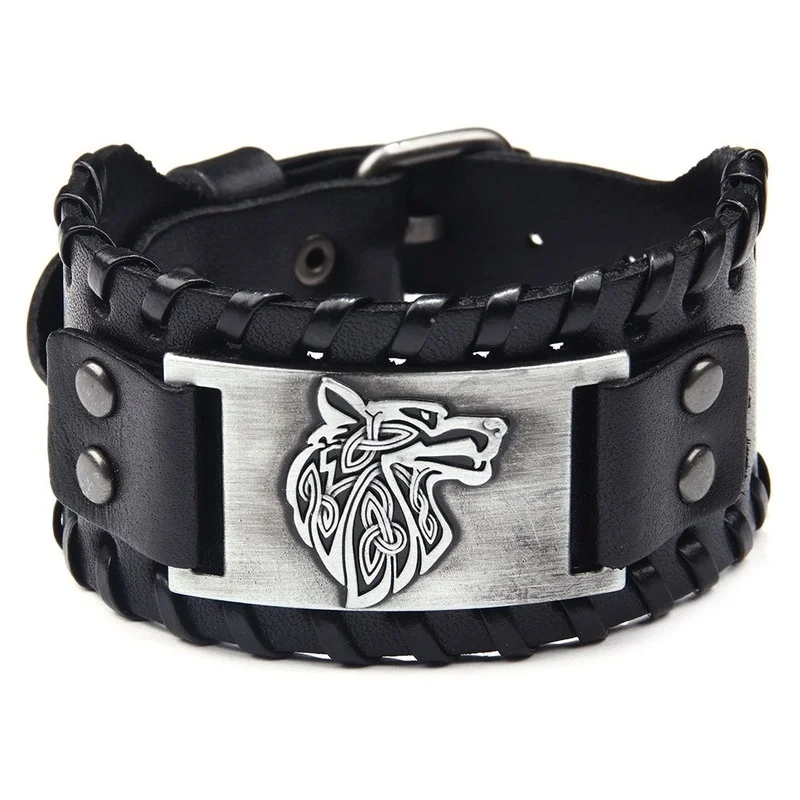 

New Design Classic Vintage Leather Wolf Head Bracelet Men's Domineering Street Rock Fashion Jewelry