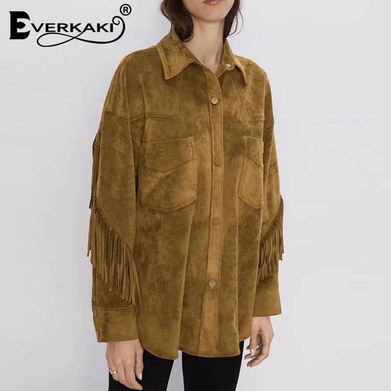 Everkaki/замшевая богемная куртка с кисточками пальто для женщин сезон осень Длинные